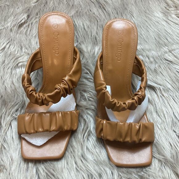 Coutgo Scrunch Stretch Strap Chunky Heeled Slip on Slides Backless Block Sandals - Picture 3 of 8